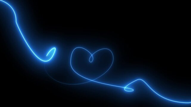 Glowing blue neon heart line animation on black background, minimalist abstract love symbol motion for romantic occasions and valentine&rsquo;s day projects
