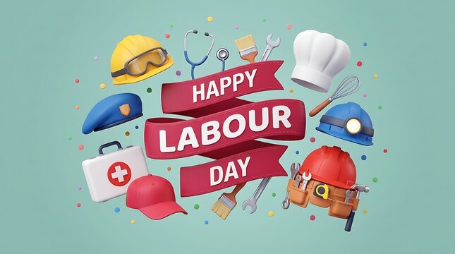 Happy labour day greeting card design featuring various professional hats and equipment icons on a light blue background for international workers celebration