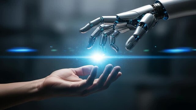 Human hand and robotic hand reaching out with blue light