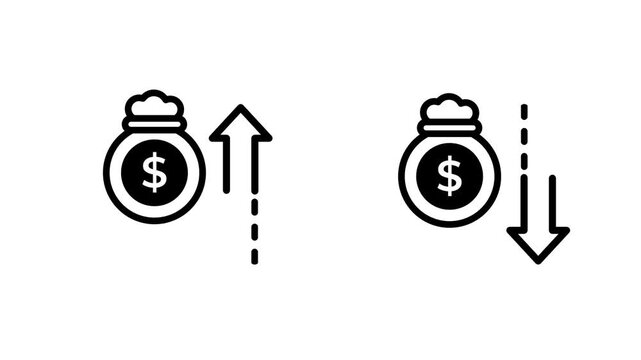 Line icon of two money bags with dollar signs one arrow rising and one falling representing profit and loss financial gain and market fluctuation