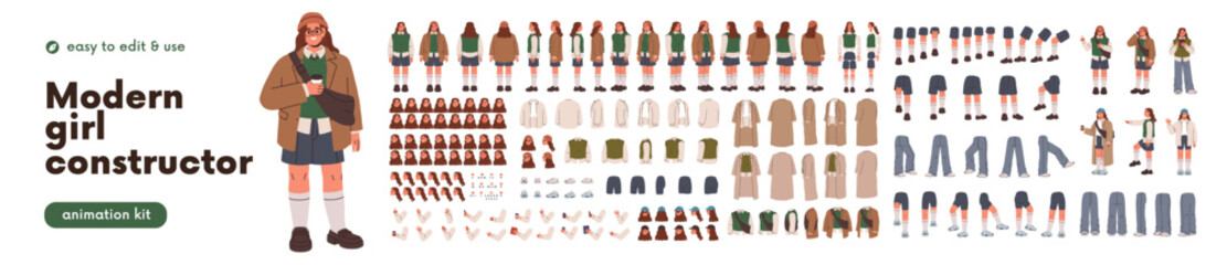 Obraz premium Modern young woman, animation kit. Girl with body parts in poses, face and leg movements constructor set. Female character in trendy style outfit. Flat vector illustration isolated on white background