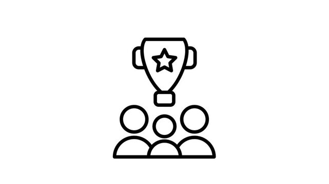 Line icon of a trophy with a star above a group of people representing teamwork achievement and collective success earned by a winning business team