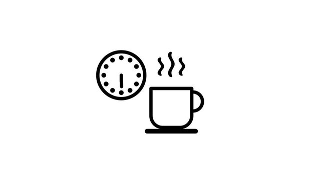 Line icon of a clock beside a steaming coffee cup representing a break time pause relaxation and the calm start of a productive working day at office