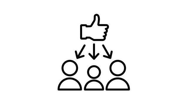 Line icon of a thumbs up sign with arrows pointing down to a group of people representing social influence approval and positive public engagement