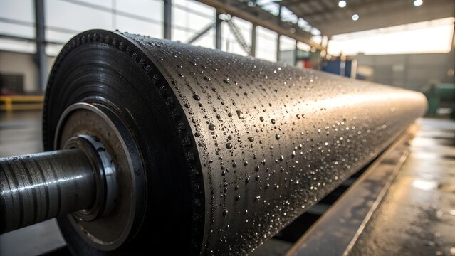 Extreme close-up of a black industrial rubber roller covered with water droplets in a modern manufacturing facility, highlighting precision engineering, durability, and industrial machinery.
