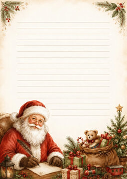 Festive Christmas letter template with Santa Claus writing, decorated with gifts, teddy bear, Christmas tree and holly branches. Perfect for holiday greetings, wish lists, or invitations.