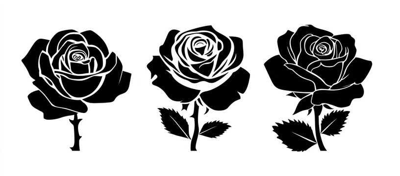 Three black rose silhouettes, with thorns and leaves, on a white background