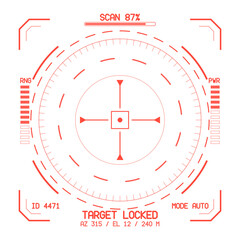 Naklejka premium Sci-fi target lock scanner frame. Futuristic game targeting border with scan rings, radial ticks and data bars. Technology hud interface screen for lock on aim overlay