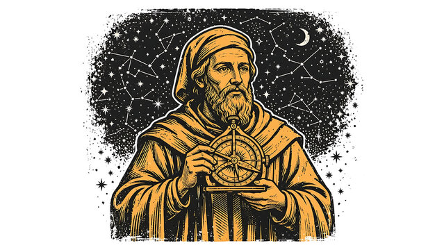 Ancient Astrologer Holding an Astronomical Astrolabe Instrument Under a Detailed Starry Night Sky Illustration