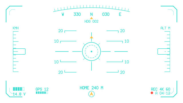 : Drone flight HUD viewfinder overlay. Quadcopter aerial camera screen with pitch ladder, compass tape, altitude and speed readout. Futuristic surveillance copter interface template