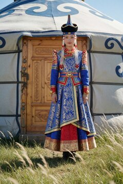 Mongolian girl in ornate traditional dress stands before a yurt on green grassland. Blue sky above, sun shines on festive attire. Woman shows cultural heritage, nomadic life.