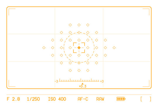Photo camera focus screen overlay. Photography ui viewfinder with autofocus point grid, spot metering circle and exposure meter. Dslr display with aperture, shutter and iso readout