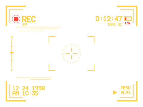 : Retro camcorder recording screen overlay. Vintage vhs video viewfinder with rec dot, tape counter, date stamp and tracking lines. Old cam filming display frame