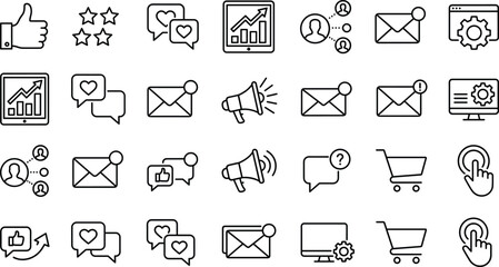 Fototapeta premium Digital marketing and social media line icon set featuring business growth email megaphone shopping cart and settings vectors
