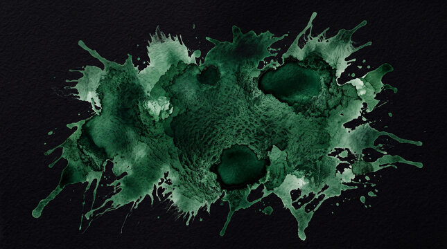 Dark green watercolor splash with splatter texture on black background.