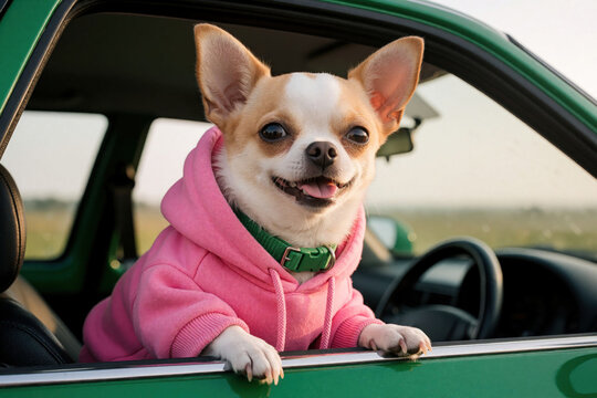 Small chihuahua dog wears pink hoodie sweater inside green car. Happy puppy sits in driver looking through window. Domestic pet enjoys road trip adventure during summer travel. Cute animal character