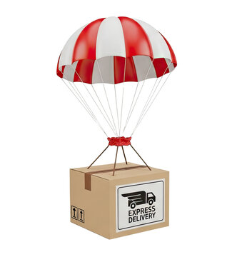 A white cardboard box with "EXPRESS DELIVERY" printed on it is suspended by a red and white striped parachute. The delivery box is attached to a small toy truck.