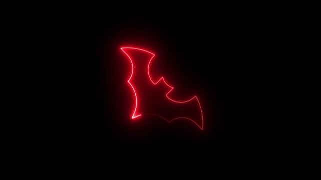 Red neon glowing bat silhouette concept on dark black background for decoration and superhero gothic icon loop template