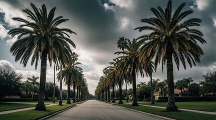 Fototapeta premium A tree lined street with tall palm trees on both sides of road. Lush green grass and sidewalks. Cloudy sky overhead. Suburban neighborhood setting. Residential area.