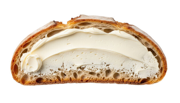A sliced sourdough bread is shown with a generous spread of creamy butter inside. The bread has a rustic crust and a soft, airy interior.