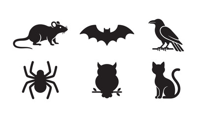 Obraz premium Gothic Halloween animals vector icon set: silhouette bat, owl, cat, rat, spider.