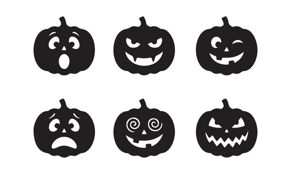 Gothic Halloween pumpkin set jack o'lantern face vector silhouette icon collection.
