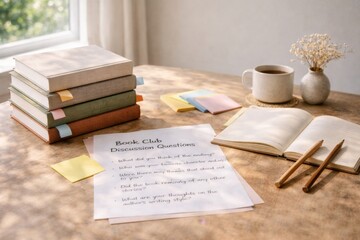 Book club scene with discussion papers, stacked books, and stationery on table © dvoevnore