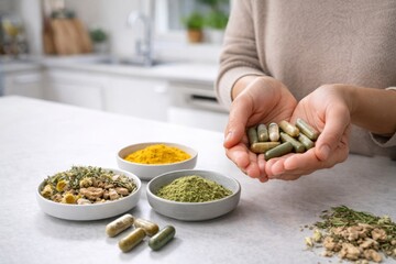 Hands holding herbal supplements with natural herbs on table in laboratory © dvoevnore
