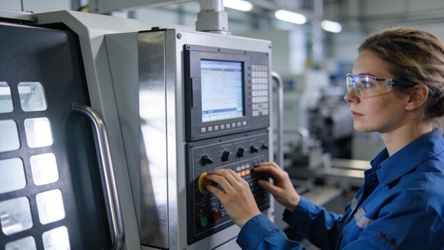 Female factory worker monitoring automated machinery during efficient industrial production process.