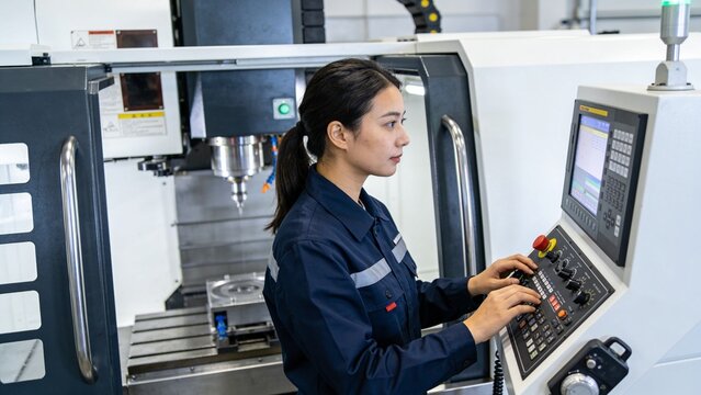 Professional woman operating precision manufacturing equipment in modern smart factory environment.