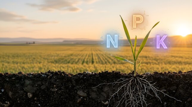 Young Crop With NPK Nutrient Concept in Fertile Agricultural Soil