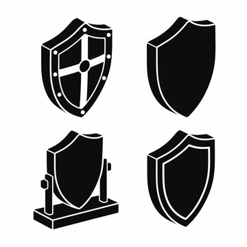 Set of black shield icons in various styles on white background