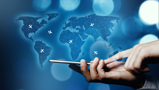 Travel booking process using a smartphone with a world map and airplane icons