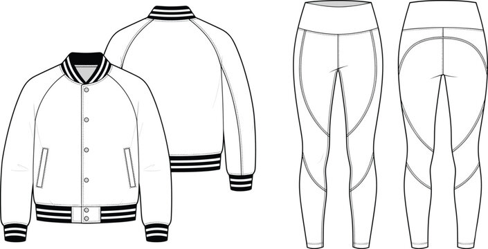Technical fashion flat sketch of an athletic varsity jacket paired with matching high-waisted activewear leggings.