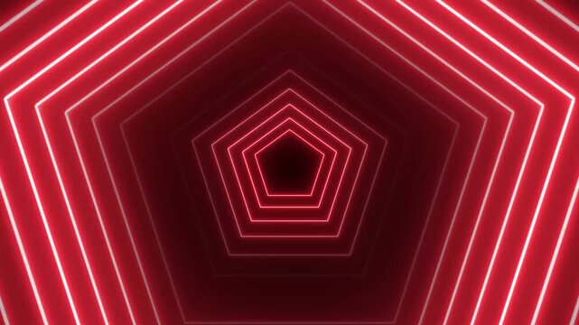Red neon pentagonal tunnel motion background, glowing geometric lines abstract loop