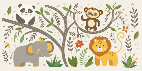 Jungle animals illustration with panda elephant monkey and lion © Prince