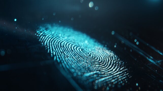 Glowing digital fingerprint visualization representing advanced biometric security identification systems for secure data access verification