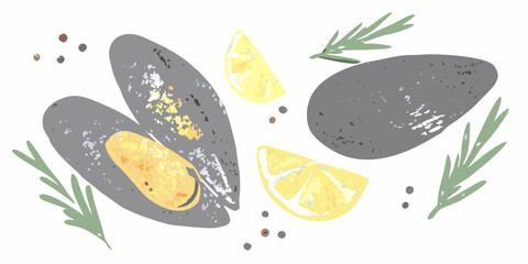Mussels And Lemon Watercolor Illustration With Rosemary Sprigs © Prince