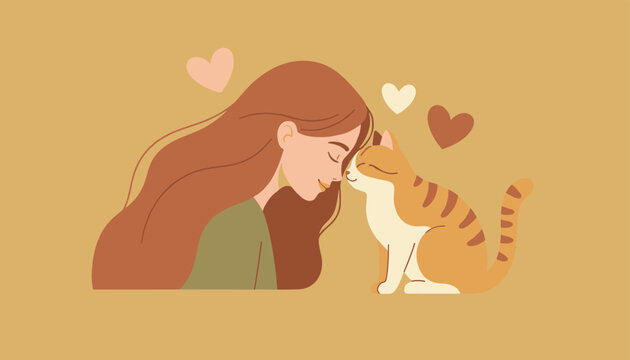 Young woman with long flowing hair shares a tender moment with her pet ginger cat while floating hearts symbolize their close bond and love.
