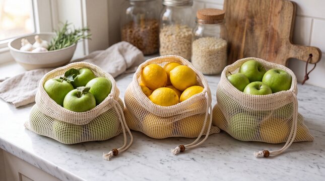 Eco Friendly Reusable Mesh Produce Bags Filled with Lemons and Vegetables