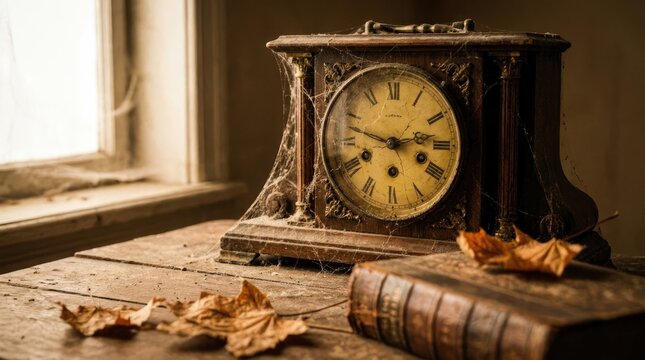 An antique clock sits on a weathered wooden table, draped with cobwebs. A vintage book rests beside it, accompanied by fallen autumn leaves.