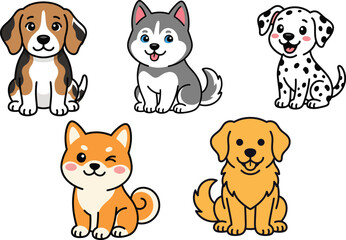 Naklejka premium Cute Dog Breeds Cartoon Icon Set – Beagle, Husky, Dalmatian, Shiba Inu and Golden Retriever Puppy Mascot Collection.jpg couldn't be uploaded because its resolution is too large. Learn more about submi