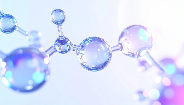 透明感あふれる青いガラス分子構造をクローズアップした美容科学コンセプト。クリスタルのような光沢と未来的なデザインが美容液、保湿、美容成分、再生美容、バイオサイエンス、化粧品開発を表現し、高級ブランド広告やECサイト、販促ツールに最適な抽象背景。