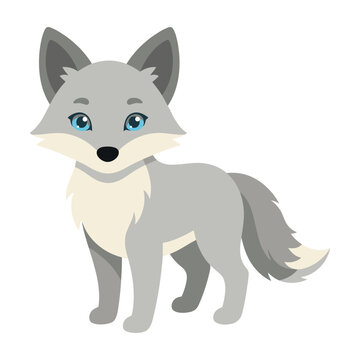 Cute gray cartoon fox with blue eyes standing alone on white background looking friendly