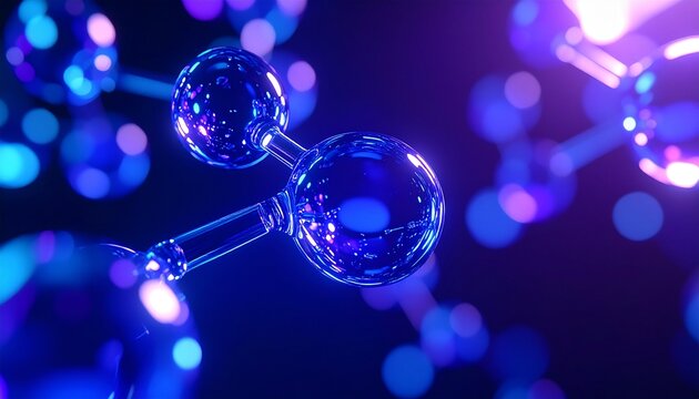 クリスタルのような透明分子構造をリアルに表現した先端美容科学イメージ。深みのあるブルーとパープルの光彩が未来的な印象を与え、美容液や高機能化粧品、再生美容、医療技術、バイオサイエンス、ナノカプセル技術などをテーマにした広告デザインにおすすめ。