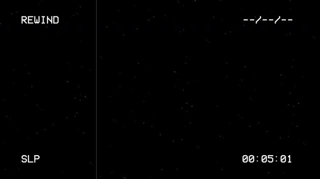 Old damaged vhs rewind effect with retro digital noise and timecode
