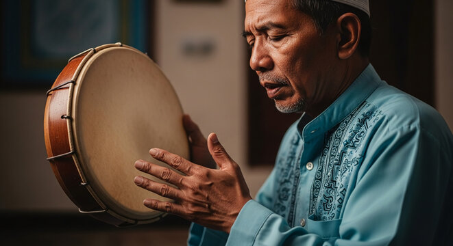 Portrait of an elderly Muslim man playing a traditional frame drum and singing devotional songs in a serene indoor setting with soft lighting.