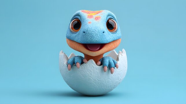 Cute Baby Gecko Hatching From Egg on Blue Background
