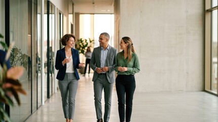 Fototapeta premium Three business professionals walk together down a modern hallway in an office building.