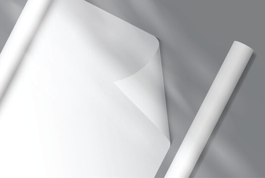 White gift wrapping paper mockup with rolled edge and curved corner with elegant shadow overlay, clean paper texture for gift wrap design, packaging, branding, print, magazines, catalogs or newspapers